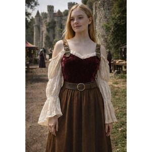 Renaissance Medieval Velvet Bodysuit Burgundy Cream Off Shoulder Peasant Sleeves